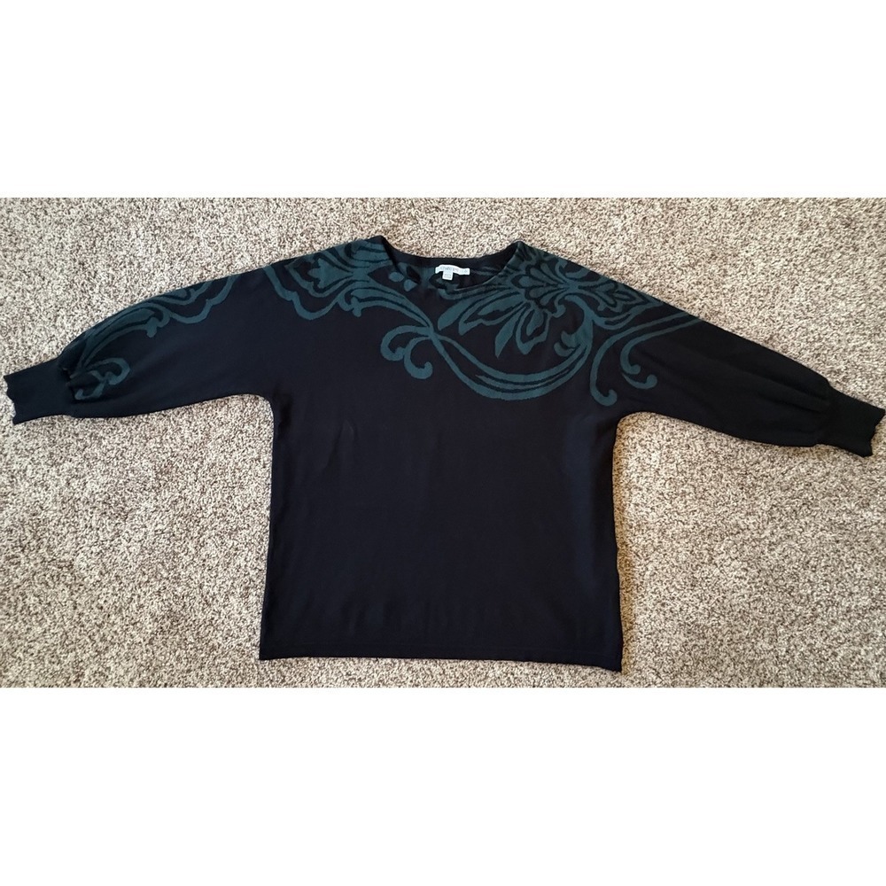 Chico's Black Teal Scroll Print Knit Top Size 2‎ Large Long Sleeve Pullover Soft
